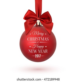 Red Christmas ball with ribbon and a bow, isolated on white background. Merry Christmas and Happy New Year 2017. Vector illustration.