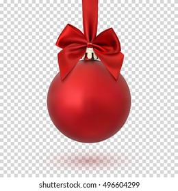 Red Christmas ball with ribbon and a bow, isolated on transparent background. Vector illustration.