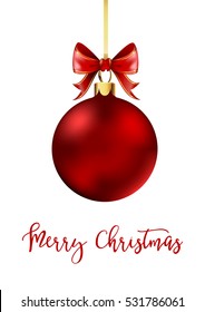 Red Christmas ball with ribbon and a bow, decoration element for christmas decoration isolated on white background. Vector illustration.