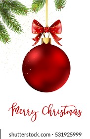 Red Christmas ball with ribbon and a bow with fir tree, decoration element for christmas decoration isolated on white background. Vector illustration.
