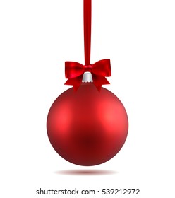 Red Christmas ball with ribbon and a bow, isolated on white background. Template of matt realistic Christmas ball. Stocking element christmas decorations. Isolated object. Vector