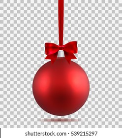 Red Christmas ball with ribbon and a bow, isolated on transparent background. Template of matt realistic Christmas ball. Stocking element christmas decorations. Isolated object. Vector