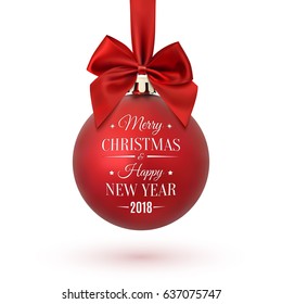 Red Christmas ball with ribbon and a bow, isolated on white background. Merry Christmas and Happy New Year 2018 design. Vector illustration.