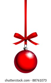 red christmas ball with ribbon on white background