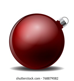 red christmas ball with shadow that lies on its side on a white background