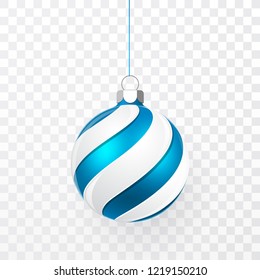 Red Christmas ball with snow effect. Xmas glass ball on transparent background. Holiday decoration template. Vector illustration.