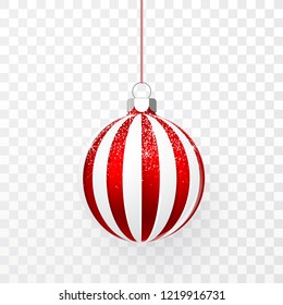 Red Christmas ball with snow effect. Xmas glass ball on transparent background. Holiday decoration template. Vector illustration.