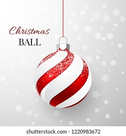 Red Christmas ball with snow effect. Xmas glass ball. Holiday decoration template. Vector illustration.