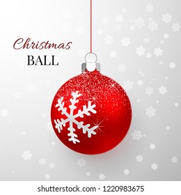 Red Christmas ball with snow effect. Xmas glass ball. Holiday decoration template. Vector illustration.
