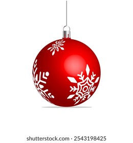 Red Christmas ball with snow effect on white background. Holiday decoration template. Red christmas balls isolated.