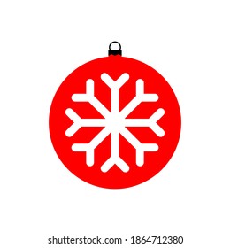 Red Christmas ball with a snowflake. Vector icon of Christmas and New Year ball toy in flat style. Outline of a New Year's ball with a snowflake. Icon isolated. Vector illustration.