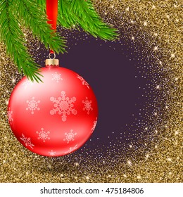 Red Christmas ball with snowflakes and branches of fir tree on shiny, sparkling background, realistic 3D vector illustration Christmas composition greeting card for your friends and partners.