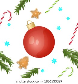 red Christmas ball, snowflakes, fir branches, gingerbread, candy. On white background. Christmas and New year holiday concept. vector seamless pattern background
