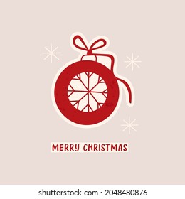 Red Christmas ball, snowflakes. Merry Christmas, new year, winter holiday concept. Retro, vintage style. Greeting card, logo, icon, poster template. Hand drawn colored trendy Vector illustration