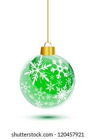 Red christmas ball with snowflakes pattern hanging on white