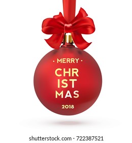 Red Christmas ball with text, isolated on white background. Merry Christmas 2018. Vector illustration.