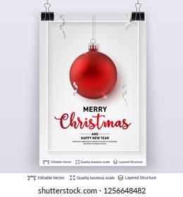 Red Christmas ball and text on light background. 3D glossy fir tree decorative toys. New Year holiday banner template.
