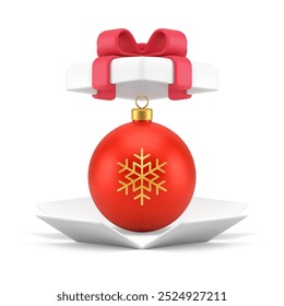 Red Christmas ball toy festive luxury surprise in pack explosion 3d icon realistic vector illustration. Xmas New Year premium bauble with snowflake and loop present in open gift box decor