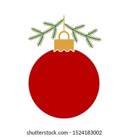 red Christmas ball with Christmas tree branches. flat template for the holidays. Xmas concept .vector illustration isolated on white background
