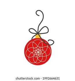 Red Christmas ball, Christmas tree toy with ribbon, bow, pattern isolated on white background. Christmas is coming
