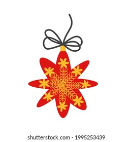 Red Christmas ball, Christmas tree toy with ribbon, bow, pattern isolated on white background. Christmas is coming