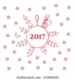 Red Christmas ball with Christmas trees, Santa Claus, snowflakes and gifts. Vector logo for the cards and greetings on the 2017 New Year