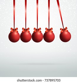 Red Christmas ball Vector illustration Five red Christmas balls with silver ribbon with bow are hanging in a row on white background Template for postcard, banner, poster