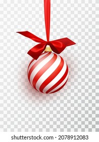 Red christmas ball with white diagonal stripes hanging on a ribbon with a red lush bow isolated on a transparent background