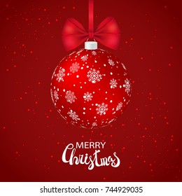 Red Christmas ball with white dots and snowflakes hanging on silk ribbon. Red bow, xmas realistic decoration, Merry Christmas lettering. Card template