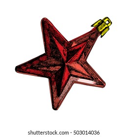 Red Christmas ball for xmas and New Year tree decoration made of glass in shape of star. Hand drawing. Evening holiday ball, hand drawn, isolated on white background. Vector.