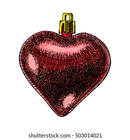 Red Christmas ball for xmas tree decoration made of glass in shape of heart. Hand drawing. Evening holiday ball, hand drawn, isolated on white background. Vector.