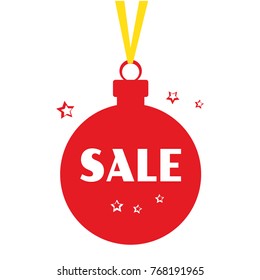 Red Christmas ball with yellow ribbon, stars, and white inscription SALE. Vector illustration