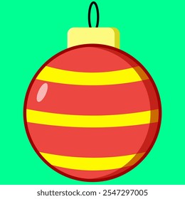 Red Christmas ball with yellow stripes and green background