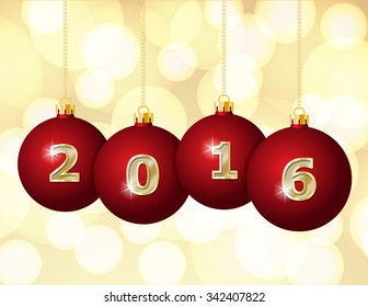 Red Christmas Balls 2016 Hanging on Golden Chains. Vector illustration.