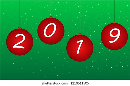 Red Christmas balls 2019 Hanging on golden chains, on a green background. vector illustration