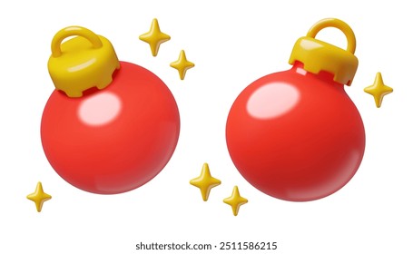 Red Christmas balls 3d realistic vector icons. Holiday three dimensional ornament emoji in a modern cute plastic style.