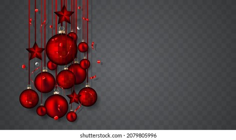 Red christmas balls ans stars with shadows and confetti isolated on transparent background