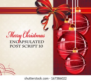 Red  Christmas balls with bow on a retro style background