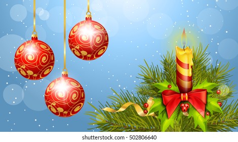 Red Christmas Balls and Burning Candle