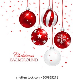 Red Christmas Balls with Confetti on white background. Vector illustration