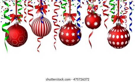 red christmas balls with confetti ribbon on white background  
