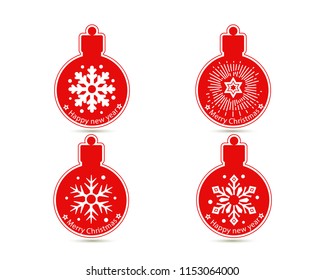 Red Christmas balls with different ornament in flat style. Vector illustration with new year balls for xmas card, invitation, surface design. Modern balls with snowflakes and decorative elements.