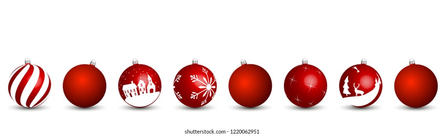 Red christmas balls with different patterns on white. 