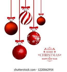 Red christmas balls with different patterns on white. 