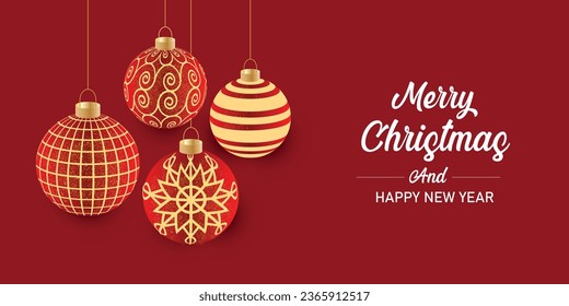 Red Christmas balls with different patterns on red background