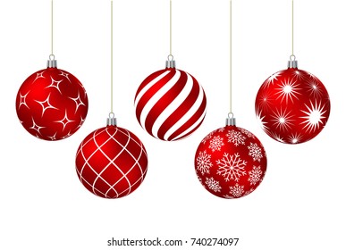 Red christmas balls with different patterns on white. Vector illustration.