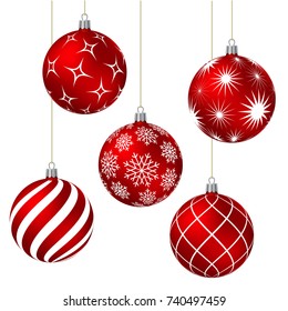 Red christmas balls with different patterns on white. Vector illustration.