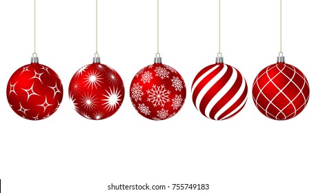 Red christmas balls with different patterns on white. Vector illustration.