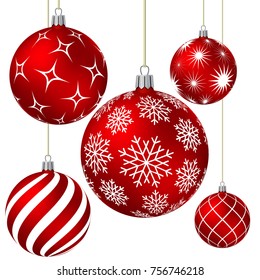 Red christmas balls with different patterns on white. Vector illustration.