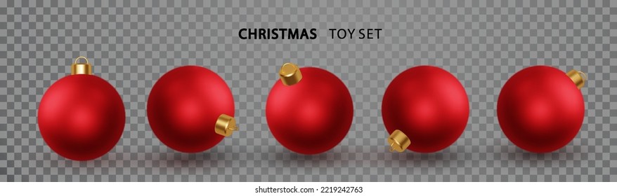 Red Christmas balls. in different projections. Realistic Xmas glass ball. Holiday decoration template. Vector illustration.